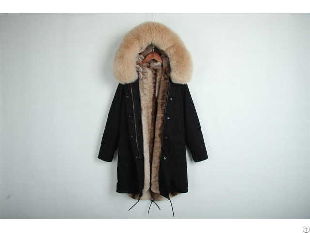 Black Long Parka With Natural Faux Rex Rabbit Fur Coat Plus Size Winter Overcoat For Women