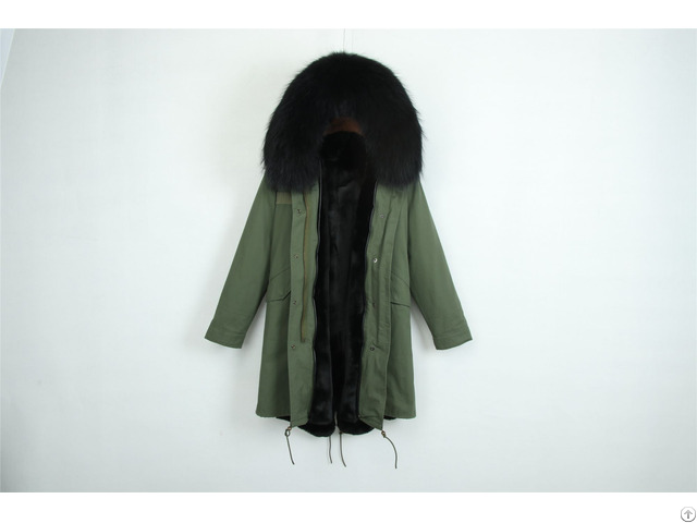 Military Green Parka Long Coat With Black Faux Fur Lining Winter Jackets For Ladies