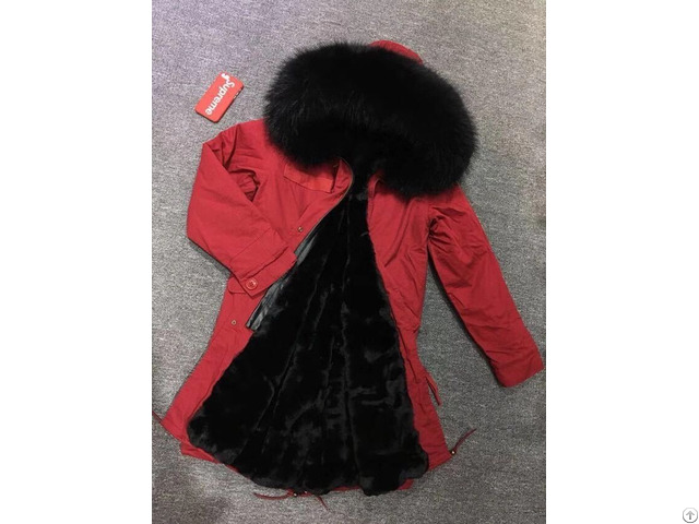 Nice Long Red Parka With Black Faux Fur Lining Winter Korean Clothes