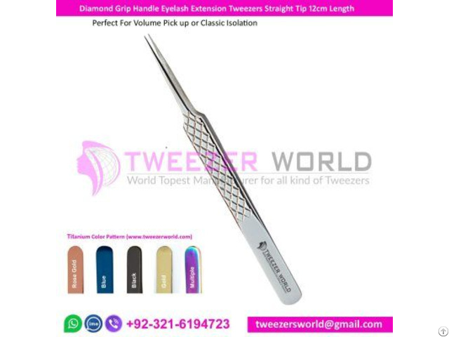 Diamond Grip Handle Eyelash Extension Tweezers Straight Tip 12cm Length