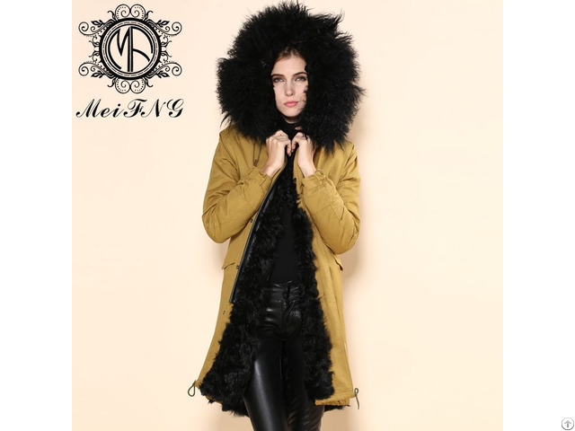 Women Lamb Parka Black Lining Woolen Coat Winter Thick Warm Long Wear