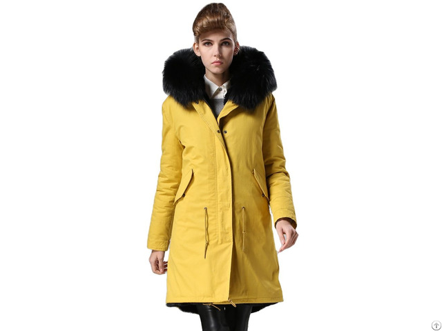 Black Lined Faux Fur Parka Women Jacket Winter Long Yellow Coat