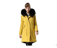 Black Lined Faux Fur Parka Women Jacket Winter Long Yellow Coat