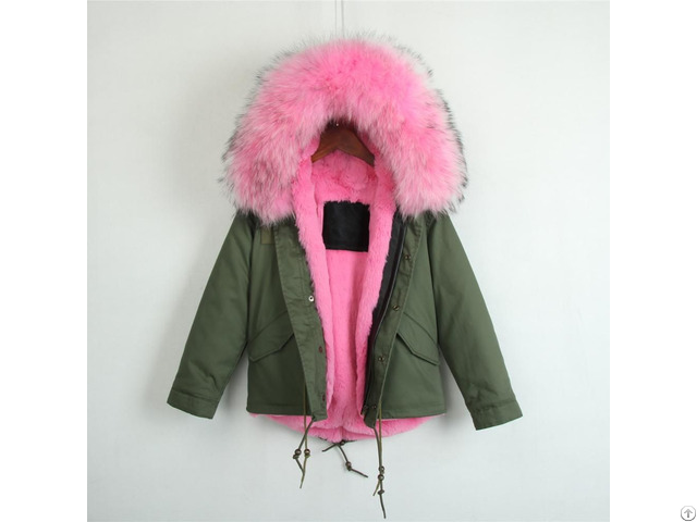 Trendy Army Green Parka For Kids Short Pink Fur Lined Coat Girls Winter Overcoat