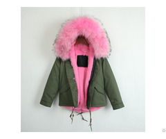 Trendy Army Green Parka For Kids Short Pink Fur Lined Coat Girls Winter Overcoat