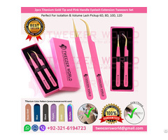 2pcs Titanium Gold Tip And Pink Handle Eyelash Extension Tweezers Set