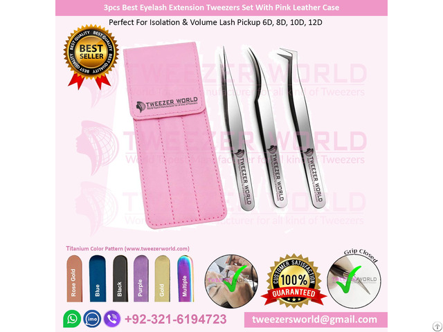 3pcs Best Eyelash Extension Tweezers Set With Pink Leather Case