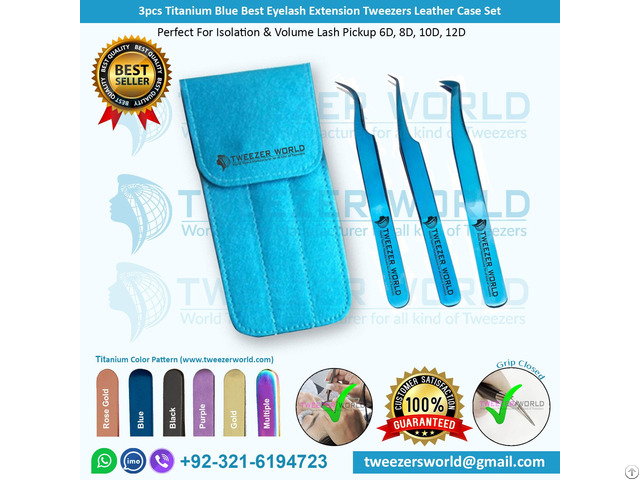 3pcs Titanium Blue Best Eyelash Extension Tweezers Leather Case Set