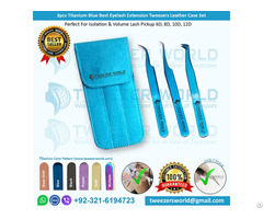 3pcs Titanium Blue Best Eyelash Extension Tweezers Leather Case Set