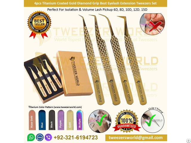 4pcs Titanium Gold Diamond Grip Best Eyelash Extension Tweezers Set