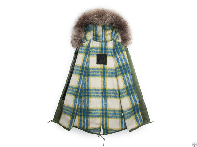 Popular Overcoat Blue And White Plaid Cashmere Lined Parka Long Coat For Women