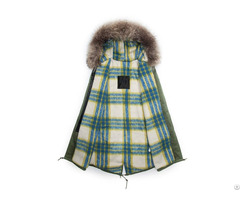 Popular Overcoat Blue And White Plaid Cashmere Lined Parka Long Coat For Women