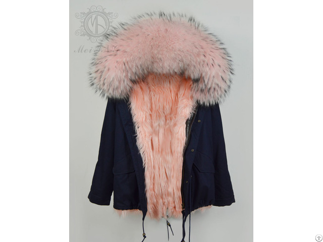 Women Navy Windproof Shell Short Parka With Pink Lamb Fur Lining Winter Clothes