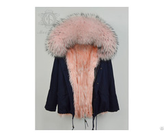 Women Navy Windproof Shell Short Parka With Pink Lamb Fur Lining Winter Clothes