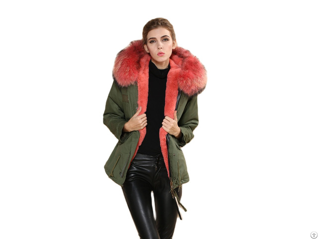 Watermelon Red Faux Fur Parka Short Style For Women