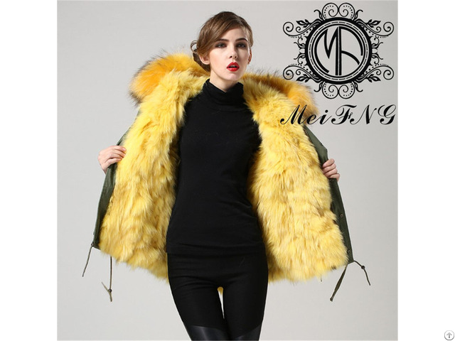 Army Green Short Parka With Yellow Fox Fur Lining Jacket For Women