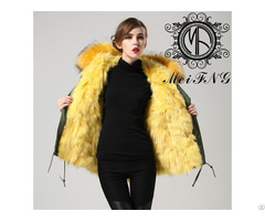Army Green Short Parka With Yellow Fox Fur Lining Jacket For Women