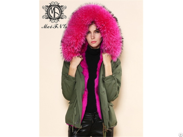 Rose Red Rabbit Fur Parka Trendy Short Overcoat With Big Collar