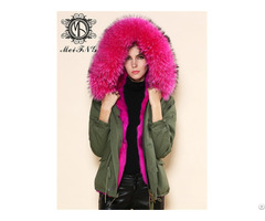Rose Red Rabbit Fur Parka Trendy Short Overcoat With Big Collar