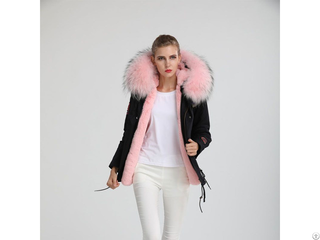 Badge Black Parka Women Short Trendy Coat Pink Faux Fur Lining