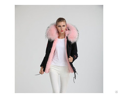 Badge Black Parka Women Short Trendy Coat Pink Faux Fur Lining