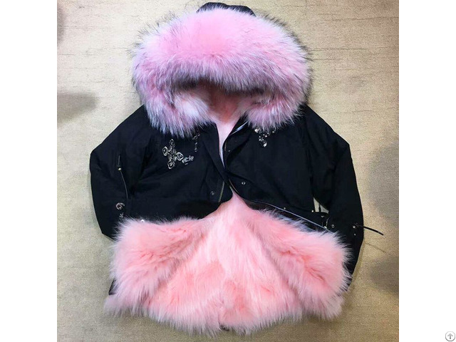 Winter Fashion Black Parka Pink Fox Fur Lined Jacket Coat For Ladies Women