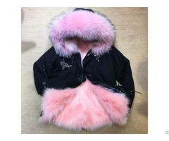 Winter Fashion Black Parka Pink Fox Fur Lined Jacket Coat For Ladies Women