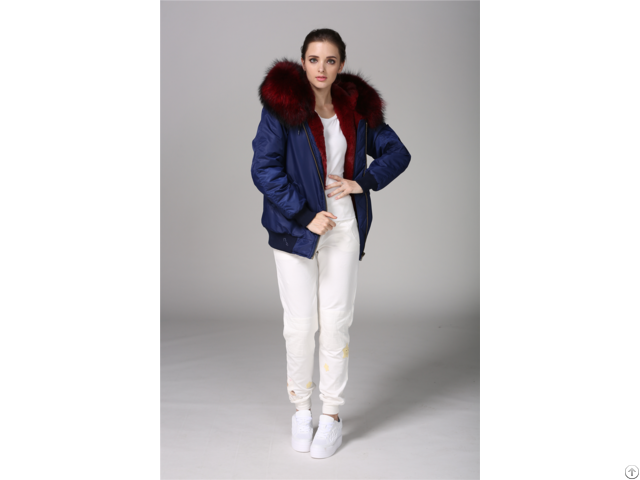 Blue Nylon Bomber Jacket With Rose Red Faux Fur Lining