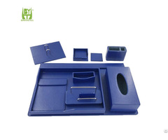 Luxury Blue Business Table Organizer Pu Leather Office Desk Set