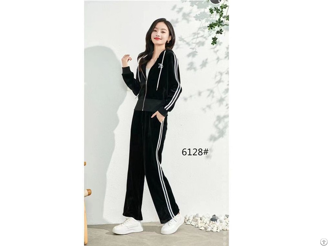 Spring And Autumn Gold Velvet Female Women Sportswear Two Piece Suit