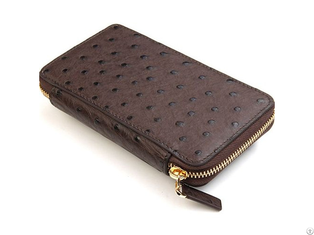 Handmade Leather Goods Ostrich Zipper Mobile Phone Clutch Long Wallet