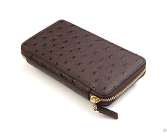 Handmade Leather Goods Ostrich Zipper Mobile Phone Clutch Long Wallet