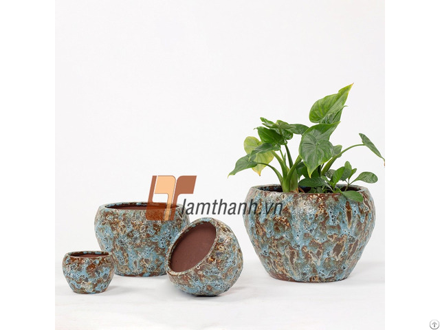 Warehouse Supplier Sponger Blue Glazed Ceramic Round Plant Pots Set 3 For Space Décor