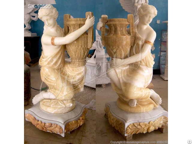 Hand Carved Marble Planter Flower Pots With Female Statues For Garden And Yard Decor