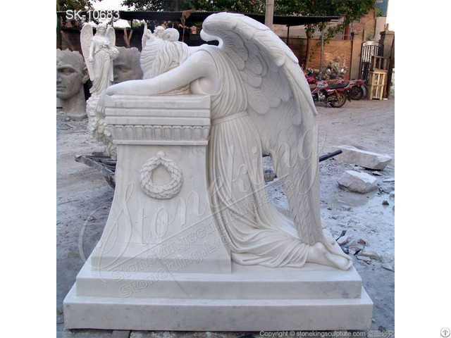 Memorial Hand Carved White Marble Grieving Angel Statue For Cemetery And Gravesite