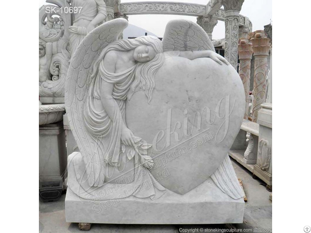 Manufacturer White Marble Heart Shaped Headstone With Angel Statue For Cemetery Or Gravesite