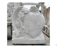 Manufacturer White Marble Heart Shaped Headstone With Angel Statue For Cemetery Or Gravesite