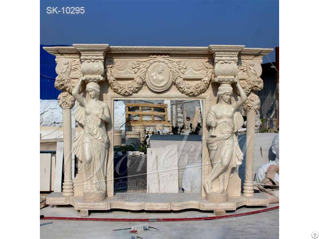 Wholesale Luxury Marble Stone Fireplace Mantel Surround With Woman Sculptures And Garland