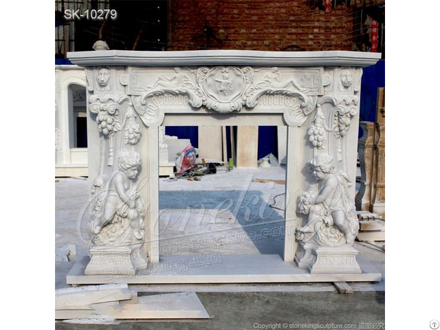 Manufacturer Hand Carved White Marble Fireplace Mantel Surround With Cherubs For Home Decor