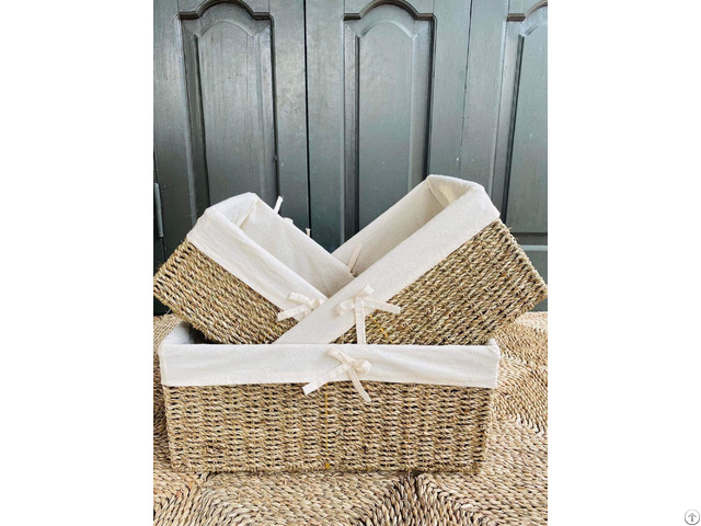 Handwoven Seagrass Storage Basket With Fabric Linen