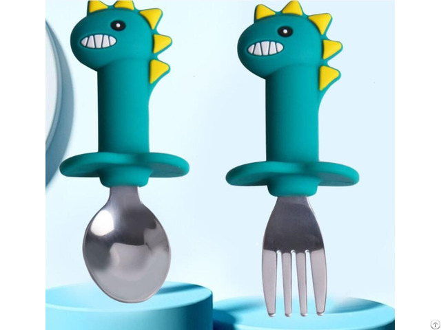 Baby Kids Stainless Steel Silicone Food Spoon Fork