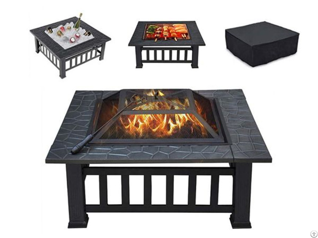 Multifunctional Outdoor 32 Inch Square Metal Fire Pit Table With Spark Screen