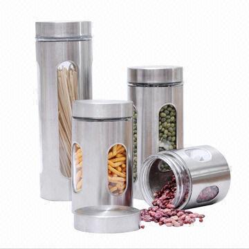 4pc Glass Canister Set W Window In Stainless