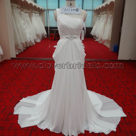 A Line One Shoulder Chapel Train Chiffon Waist With Crystal Decoration Wedding Dress