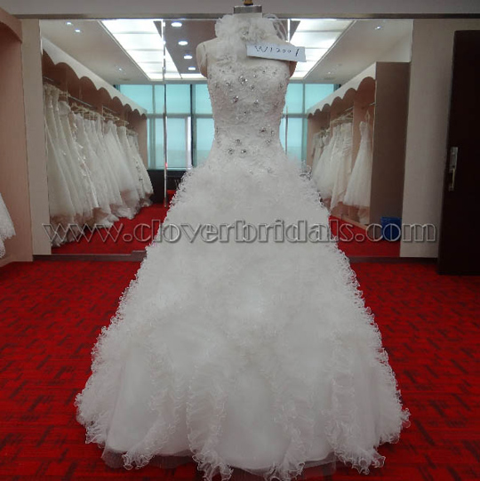 A Line Strapless Chapel Train Tulle Satin Wedding Dress Rectangle Sewing Inverted