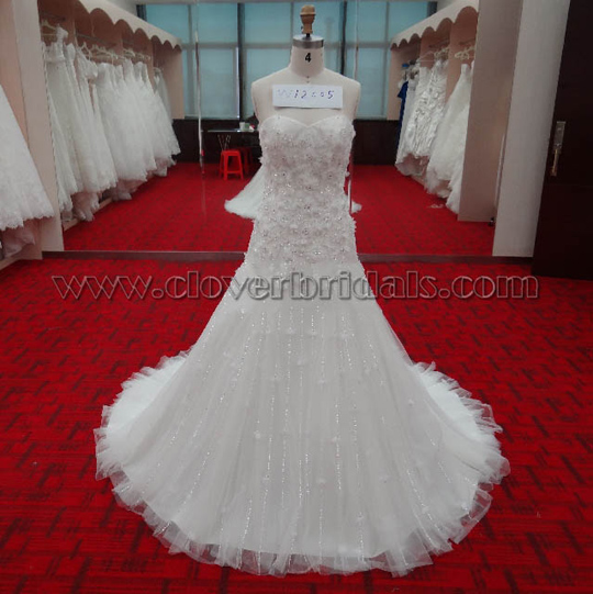 A Line Sweetheart Chapel Train Tulle Satin With Appliqued Beaded Bridal Dress
