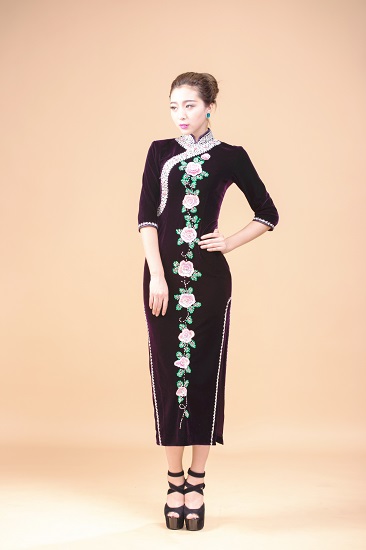 Chinese Tradtional Vintage Cheongsam Qipao Long Velvet Dress