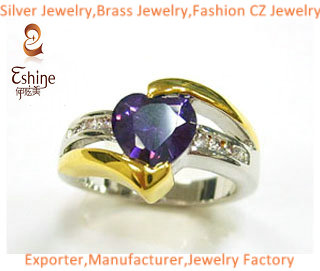 Fashion 925 Sterling Silver Jewelry Ring With Heart Shape Amethyst Cz Stones And Genuine Gold Platin