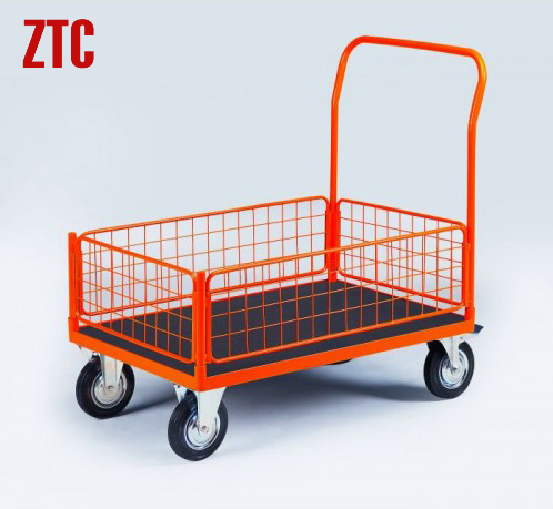 Industry Flat Wire Cart Mobile Flatbed Hand Trolley With Four Mesh Sides Rca 014