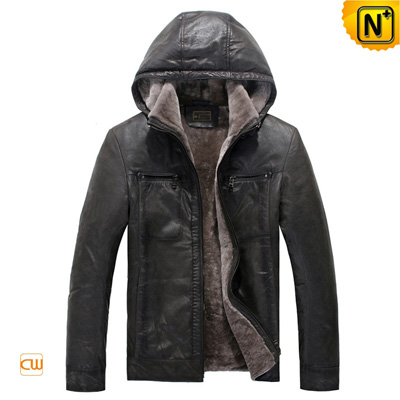 Men S Casual Gray Lamb Fur Lined Leather Hooded Jacket
